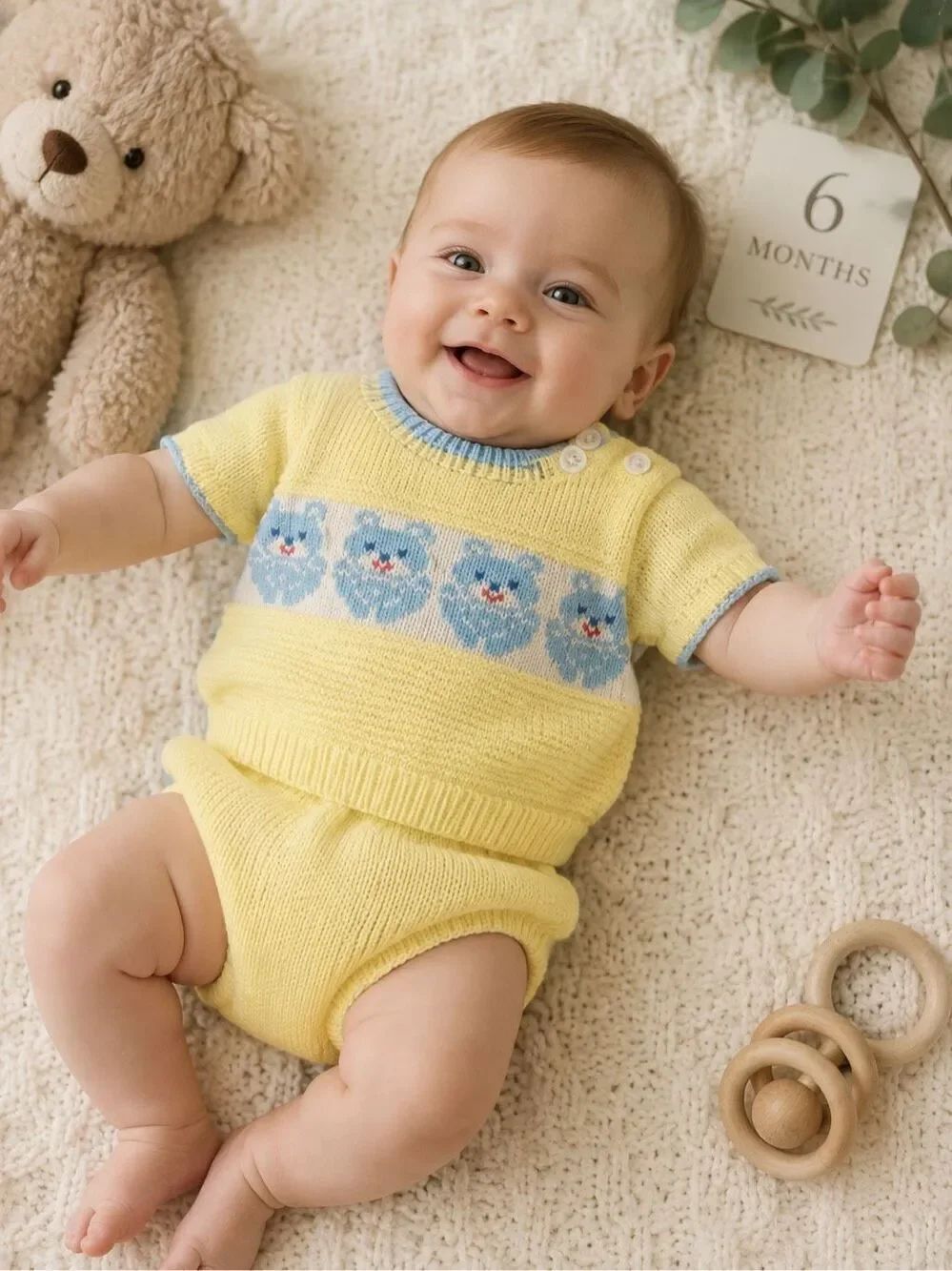 Novelty Knit baby 2PC sweater/shorts/0-6 months blue/Yellow Unisex Cute vintage